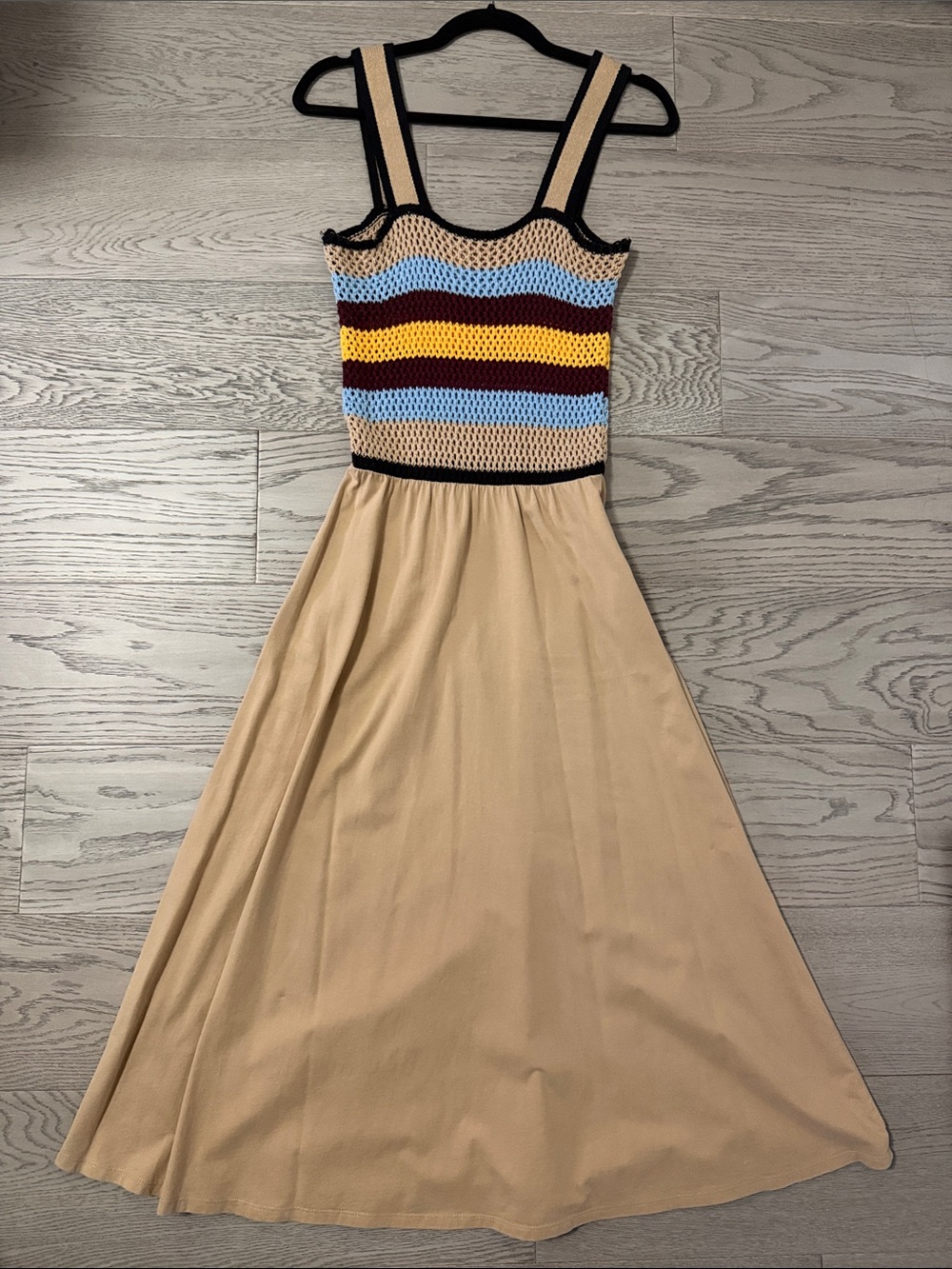 Zara Beige Midi Dress with Striped Knit Bodice